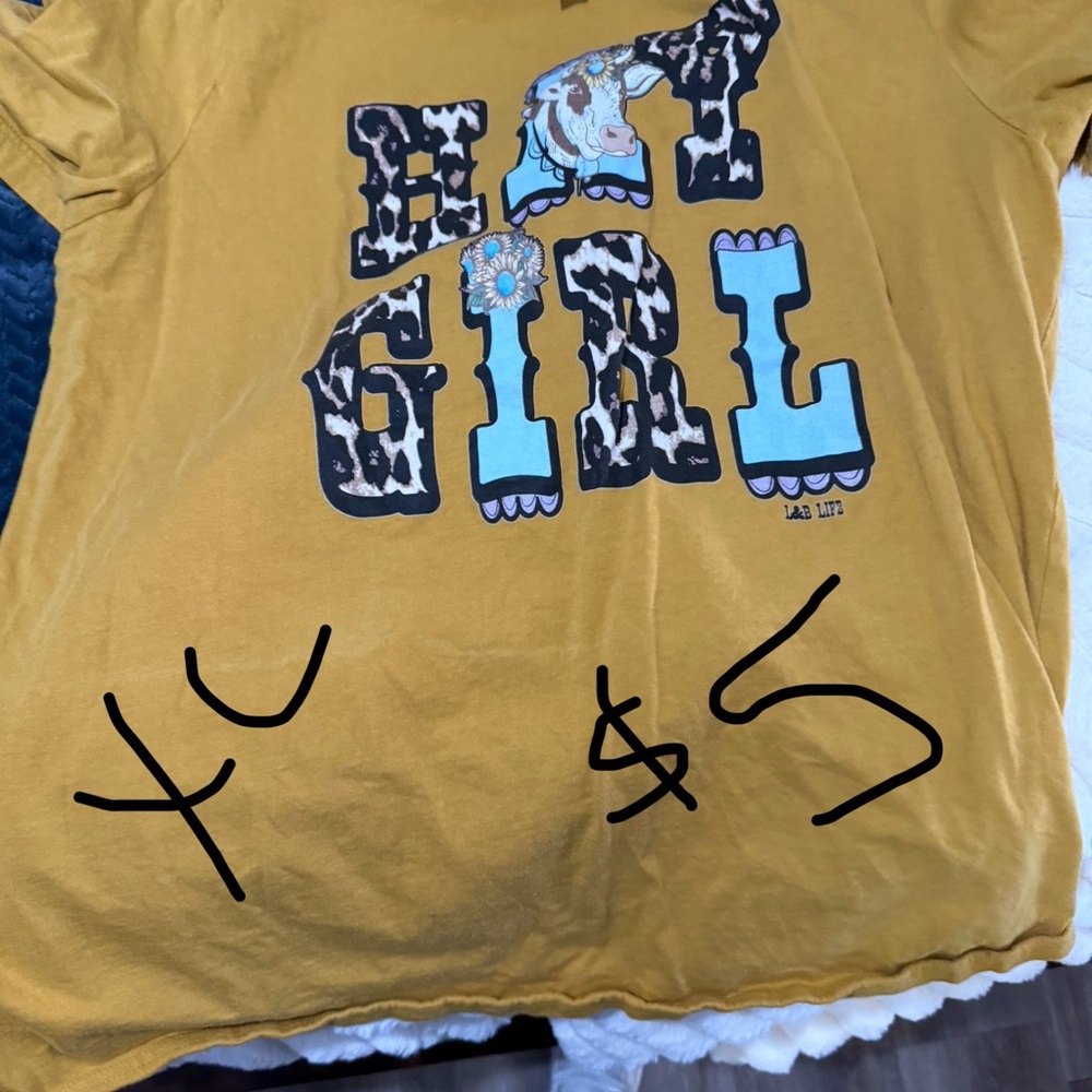 Mustard Yellow Short Sleeve Tee with GIRL Text and Unique Pattern